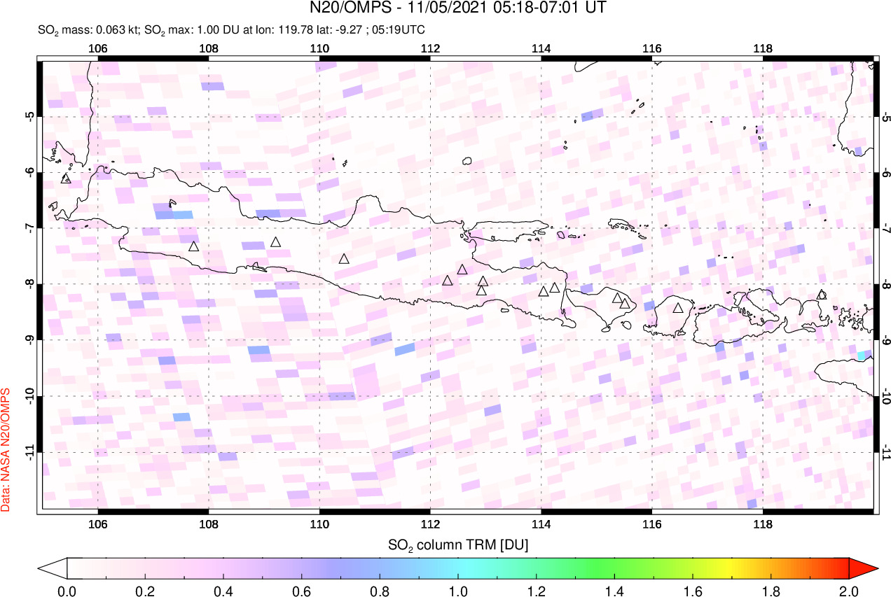 A sulfur dioxide image over Java, Indonesia on Nov 05, 2021.