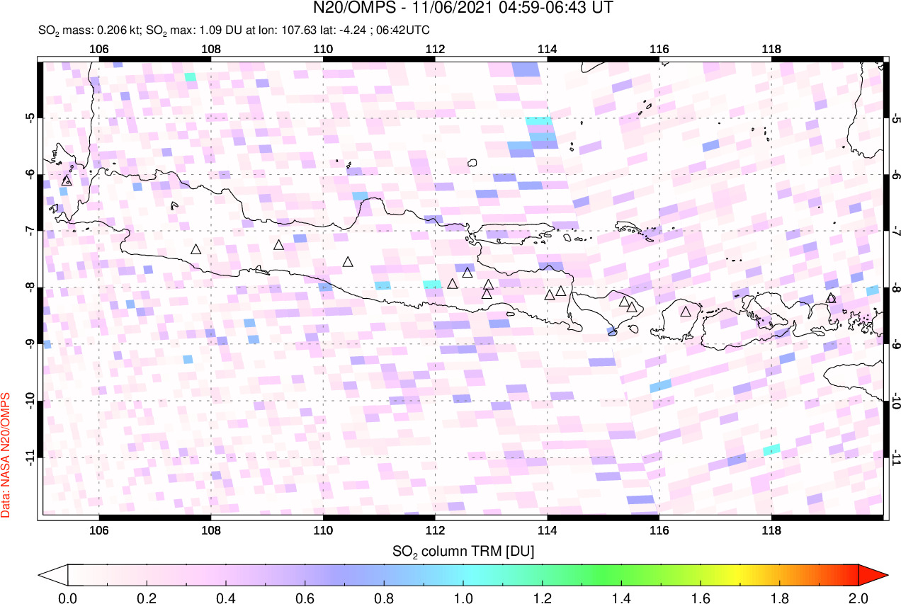 A sulfur dioxide image over Java, Indonesia on Nov 06, 2021.