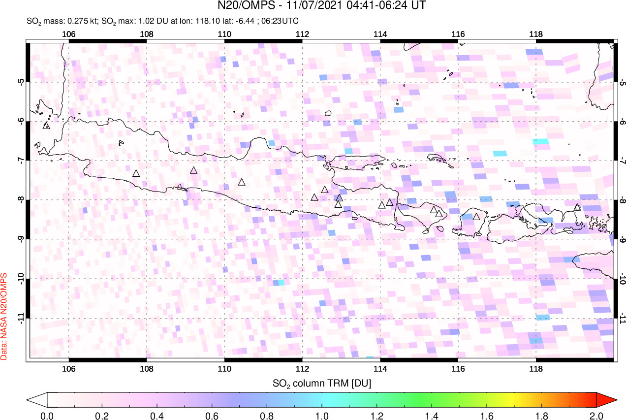 A sulfur dioxide image over Java, Indonesia on Nov 07, 2021.