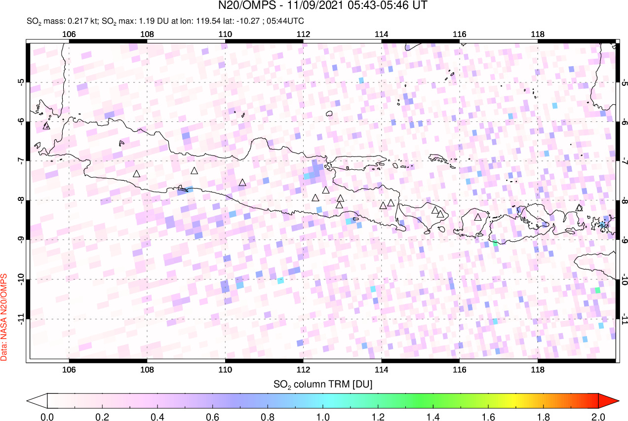 A sulfur dioxide image over Java, Indonesia on Nov 09, 2021.