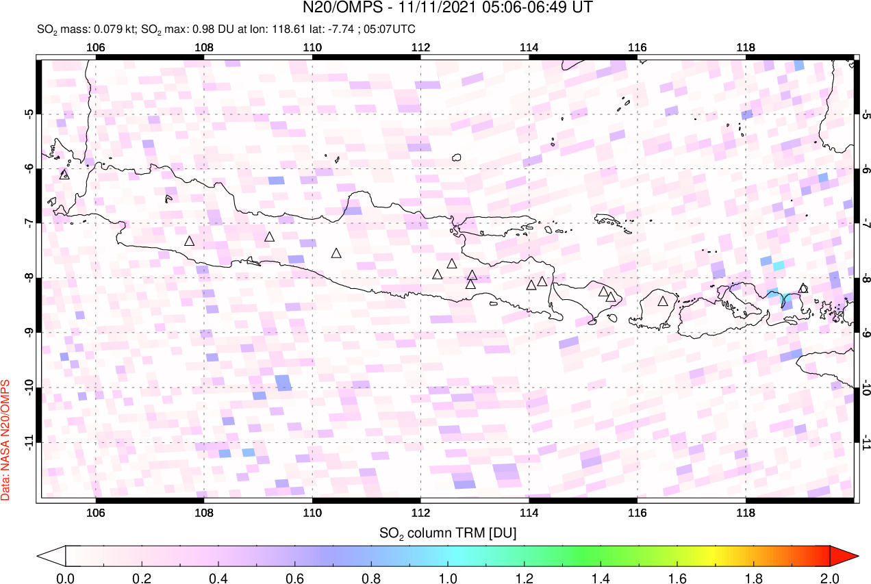 A sulfur dioxide image over Java, Indonesia on Nov 11, 2021.