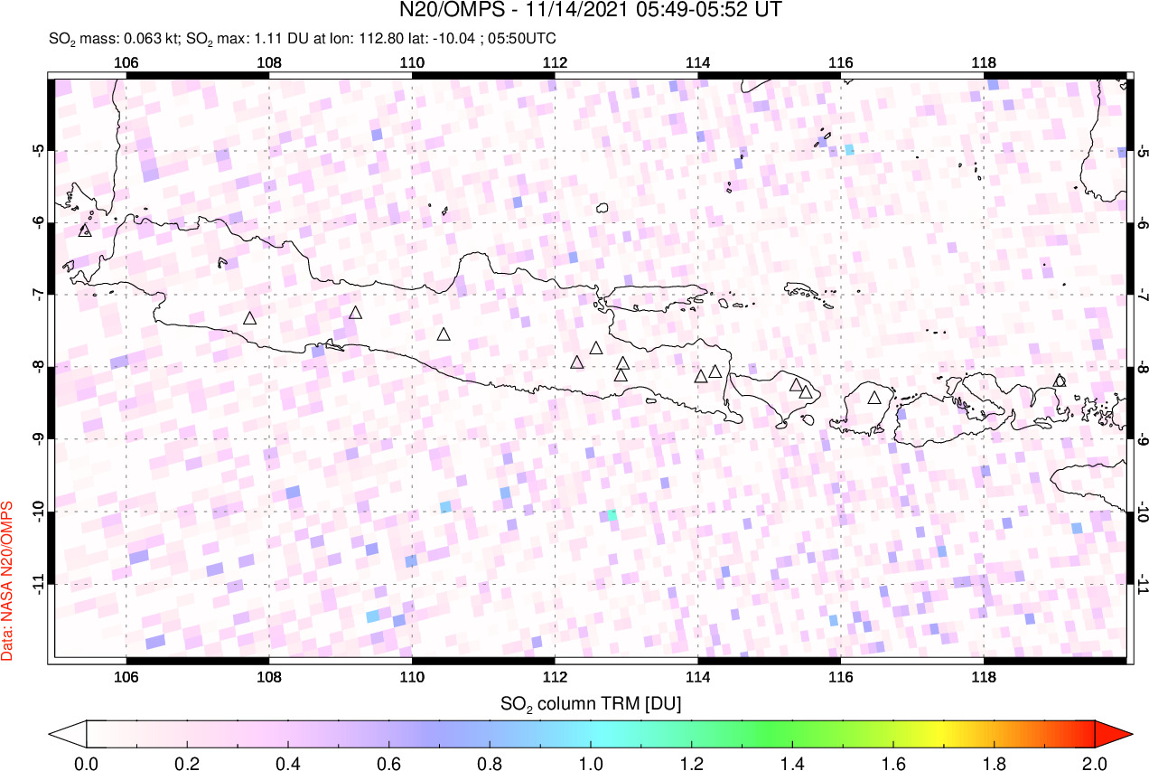 A sulfur dioxide image over Java, Indonesia on Nov 14, 2021.