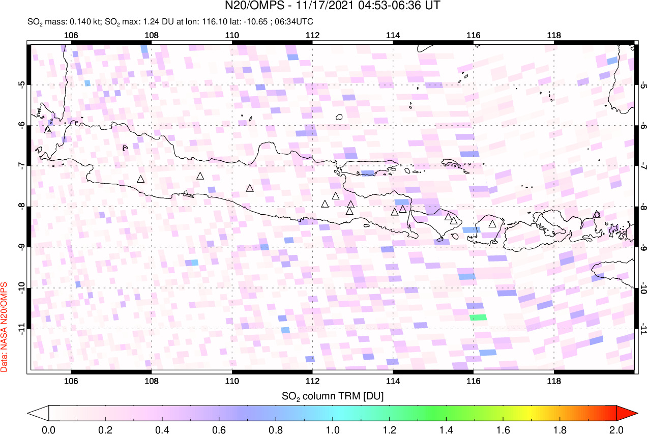 A sulfur dioxide image over Java, Indonesia on Nov 17, 2021.