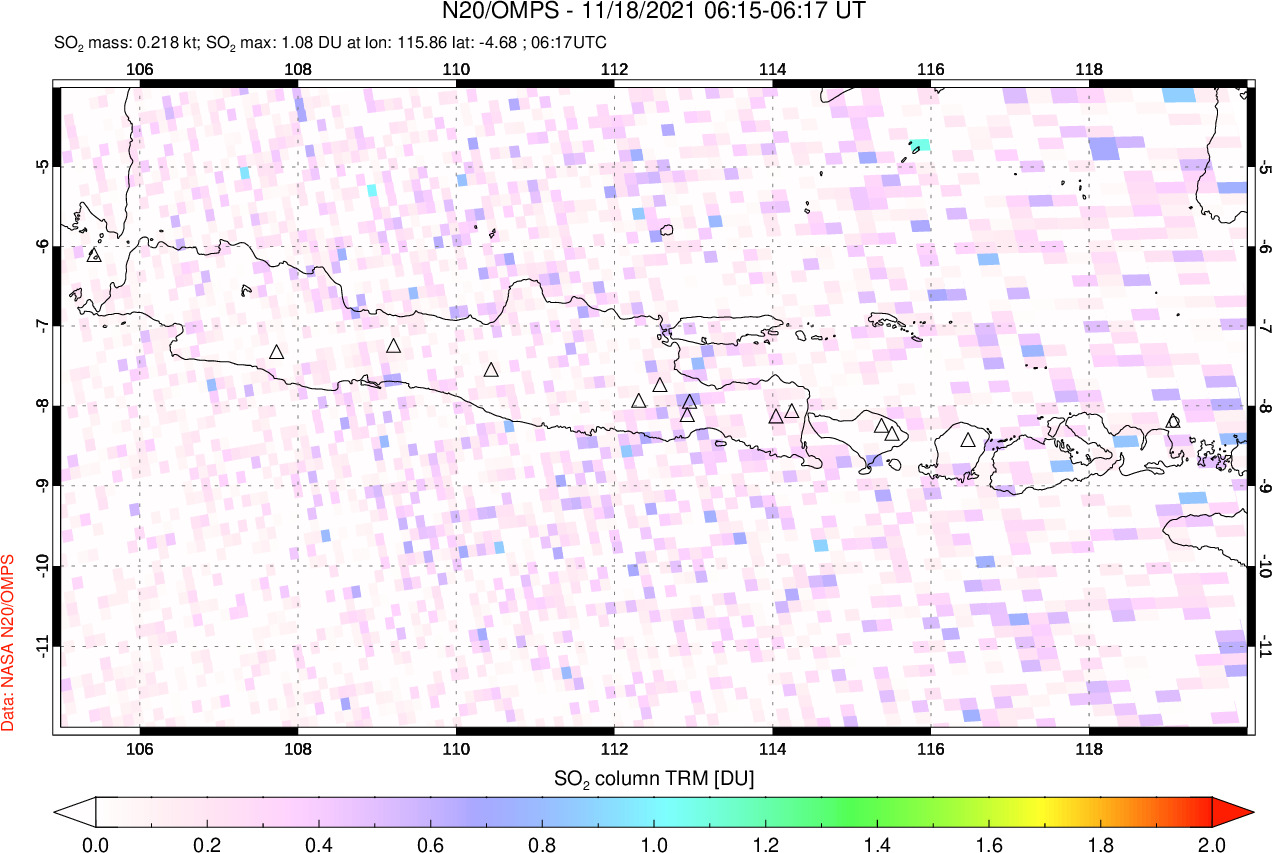 A sulfur dioxide image over Java, Indonesia on Nov 18, 2021.