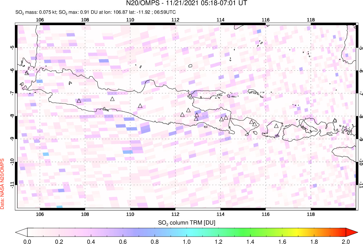 A sulfur dioxide image over Java, Indonesia on Nov 21, 2021.