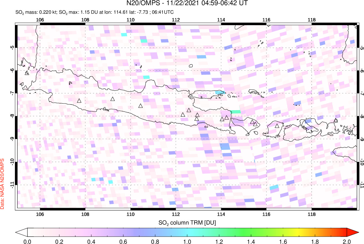A sulfur dioxide image over Java, Indonesia on Nov 22, 2021.