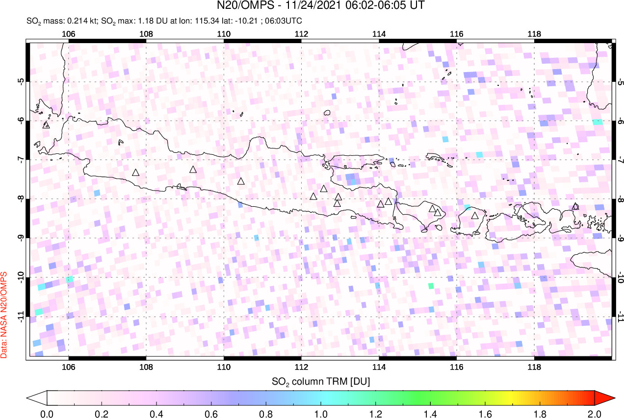A sulfur dioxide image over Java, Indonesia on Nov 24, 2021.