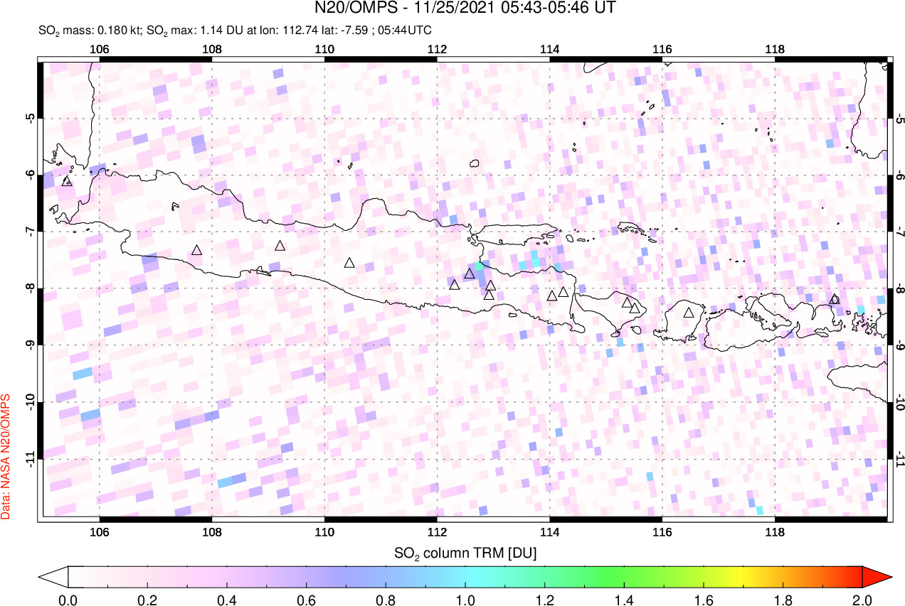 A sulfur dioxide image over Java, Indonesia on Nov 25, 2021.