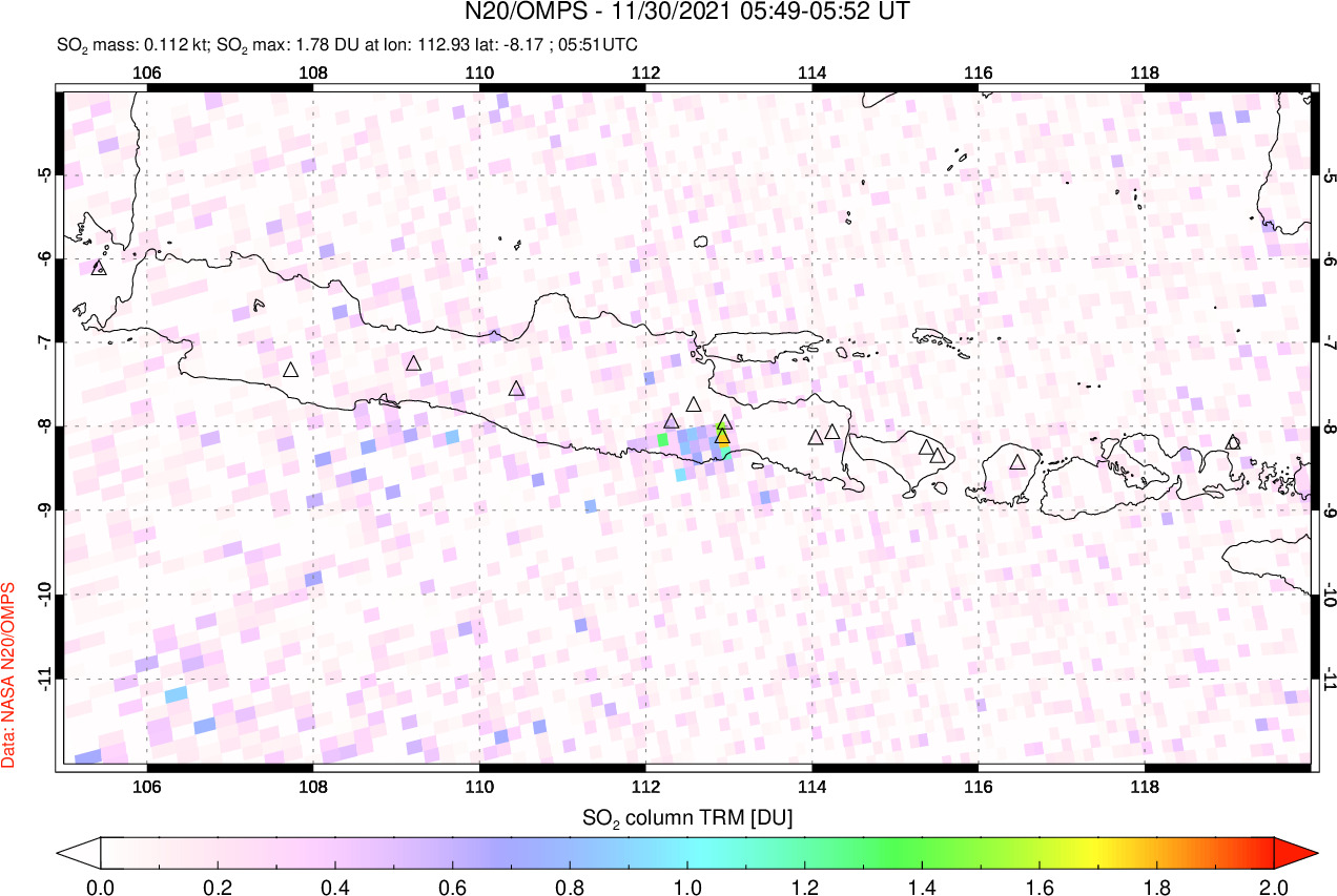 A sulfur dioxide image over Java, Indonesia on Nov 30, 2021.