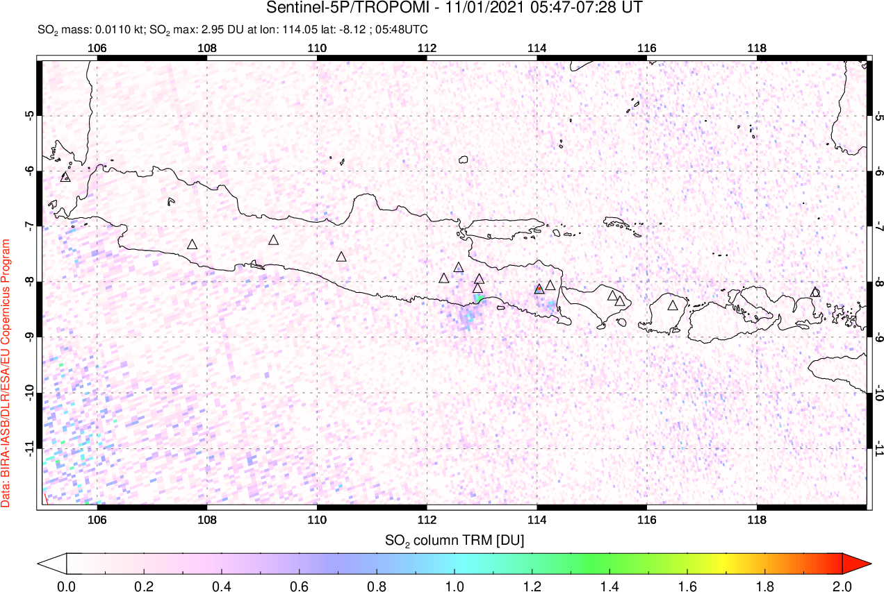 A sulfur dioxide image over Java, Indonesia on Nov 01, 2021.