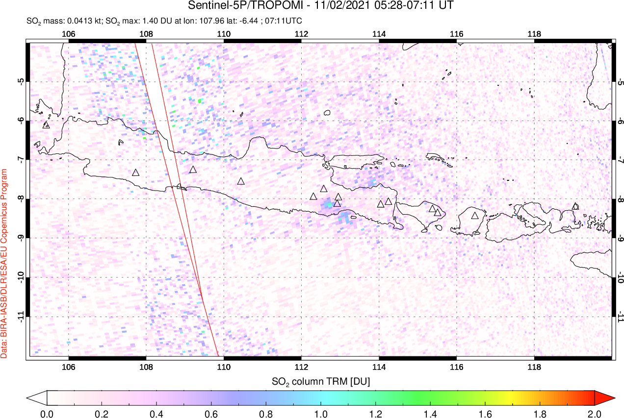 A sulfur dioxide image over Java, Indonesia on Nov 02, 2021.