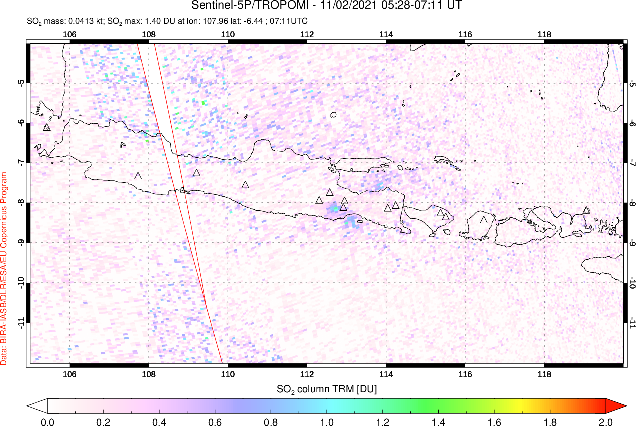 A sulfur dioxide image over Java, Indonesia on Nov 02, 2021.