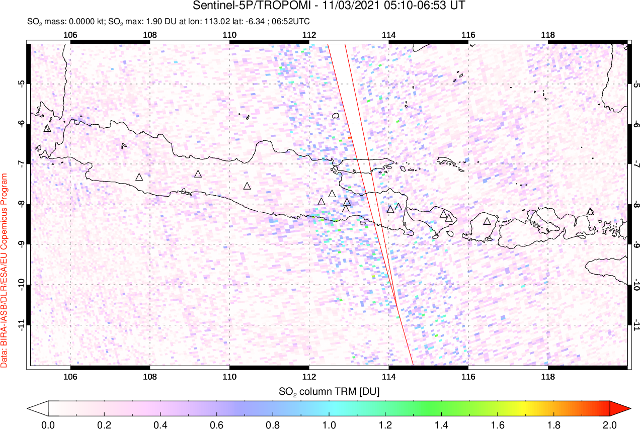 A sulfur dioxide image over Java, Indonesia on Nov 03, 2021.