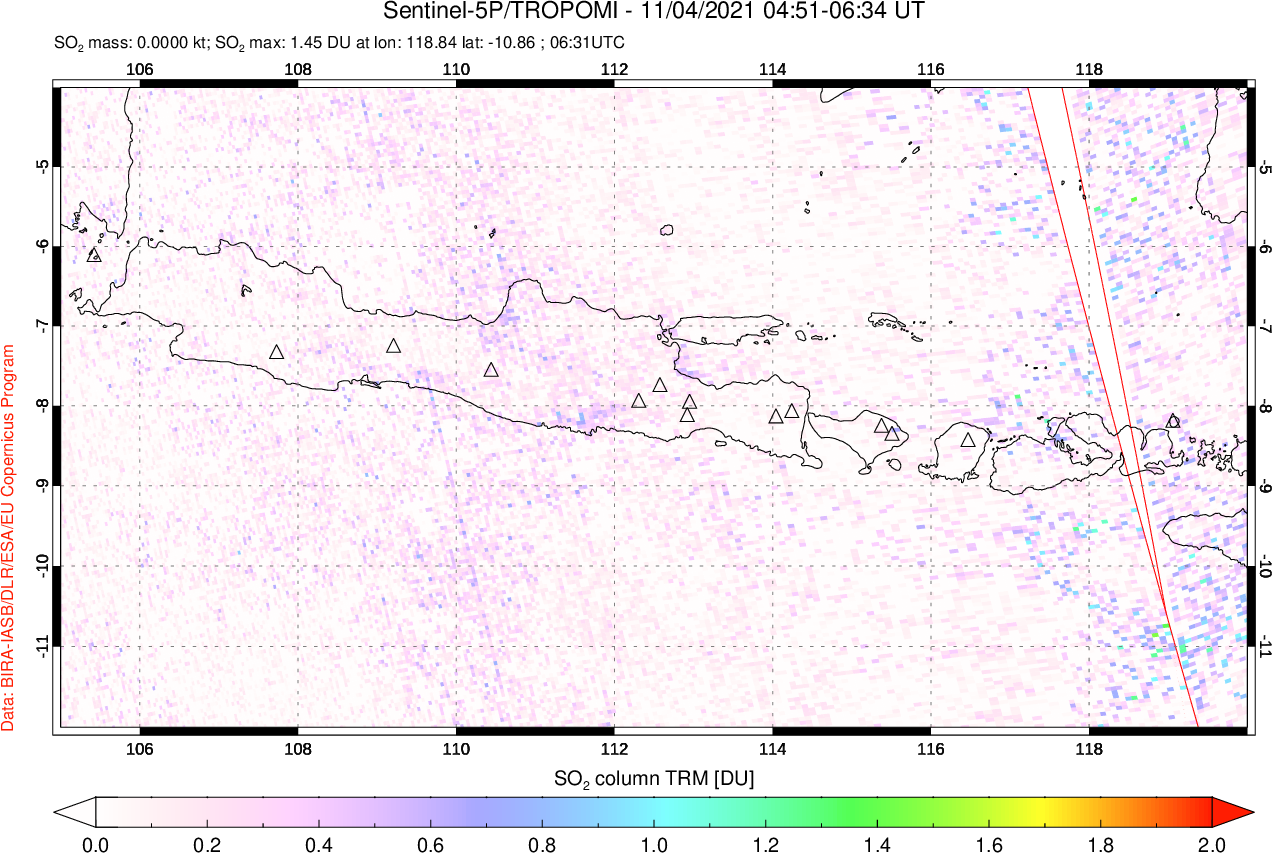 A sulfur dioxide image over Java, Indonesia on Nov 04, 2021.