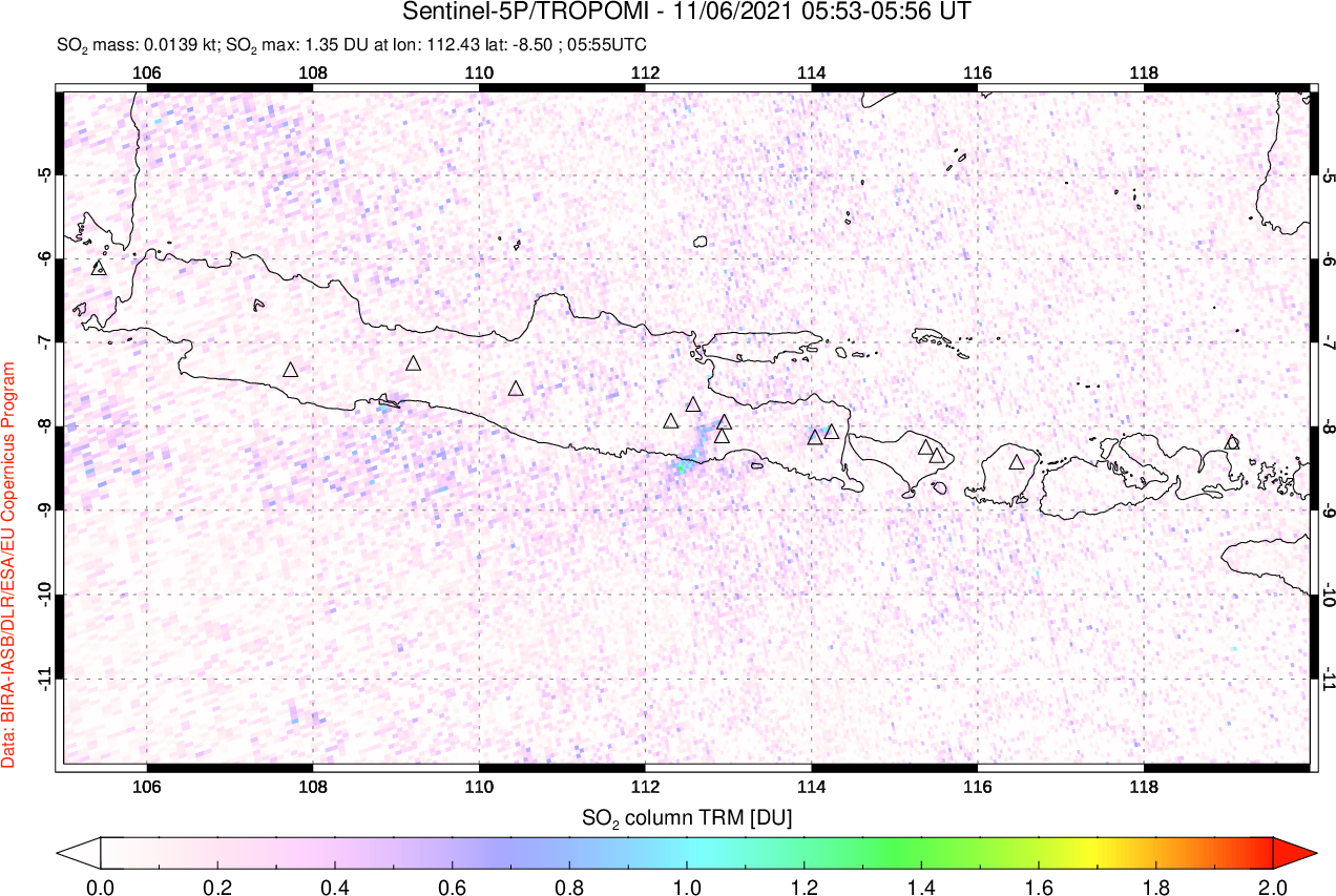 A sulfur dioxide image over Java, Indonesia on Nov 06, 2021.
