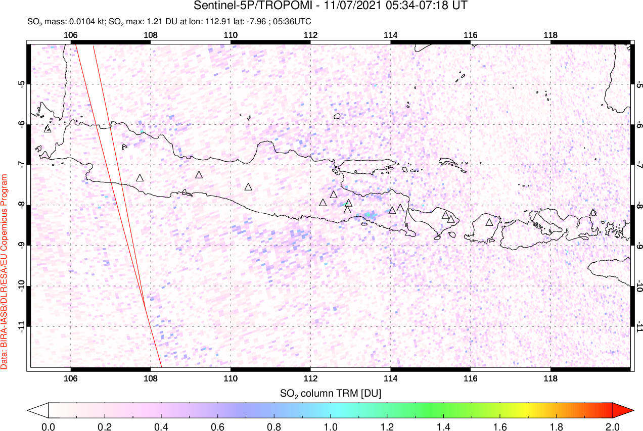 A sulfur dioxide image over Java, Indonesia on Nov 07, 2021.