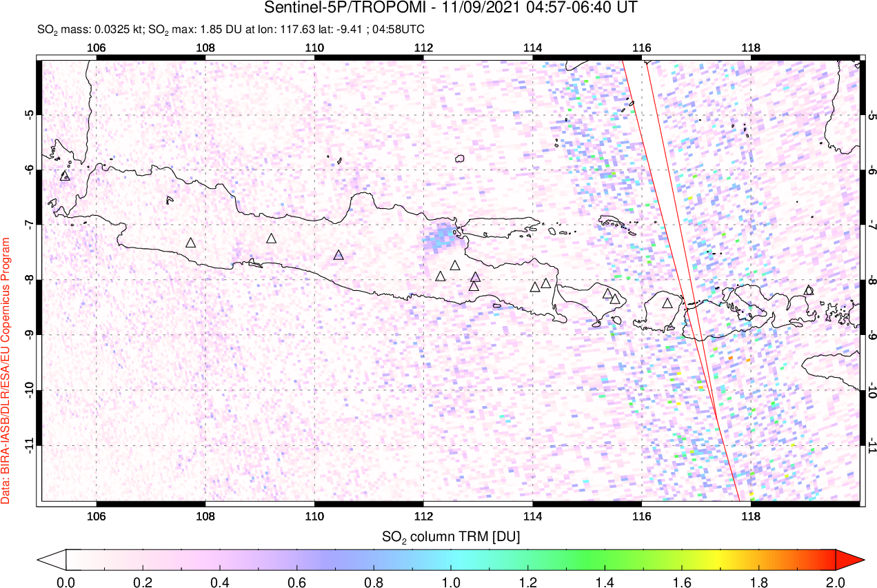 A sulfur dioxide image over Java, Indonesia on Nov 09, 2021.