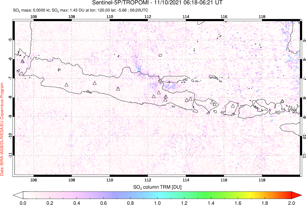 A sulfur dioxide image over Java, Indonesia on Nov 10, 2021.