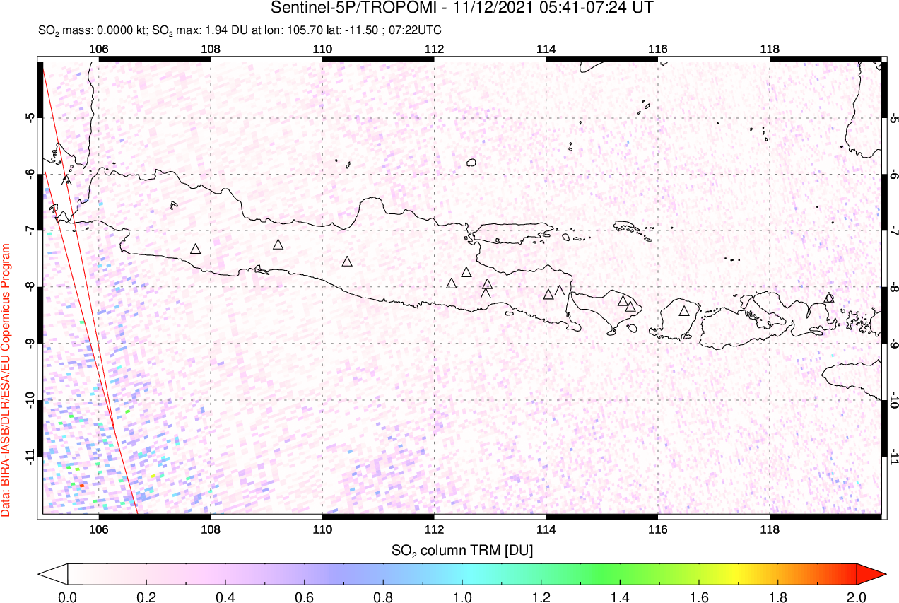 A sulfur dioxide image over Java, Indonesia on Nov 12, 2021.