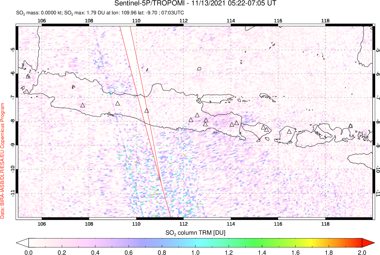 A sulfur dioxide image over Java, Indonesia on Nov 13, 2021.