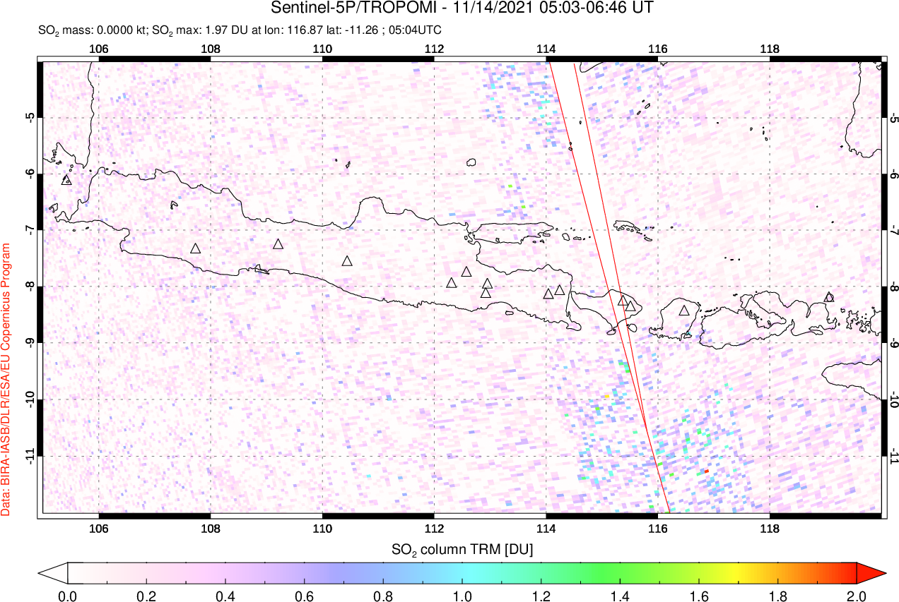 A sulfur dioxide image over Java, Indonesia on Nov 14, 2021.