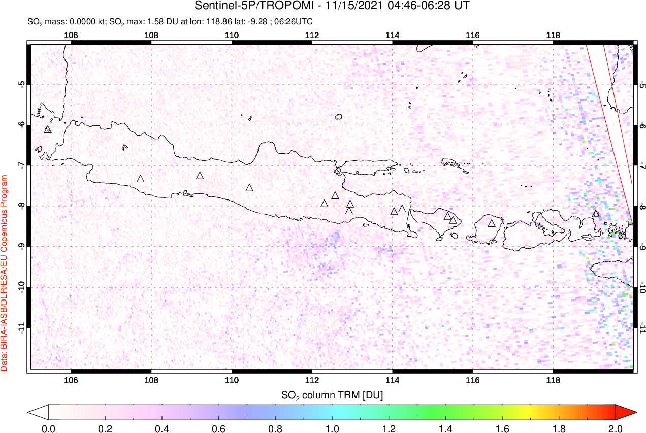 A sulfur dioxide image over Java, Indonesia on Nov 15, 2021.