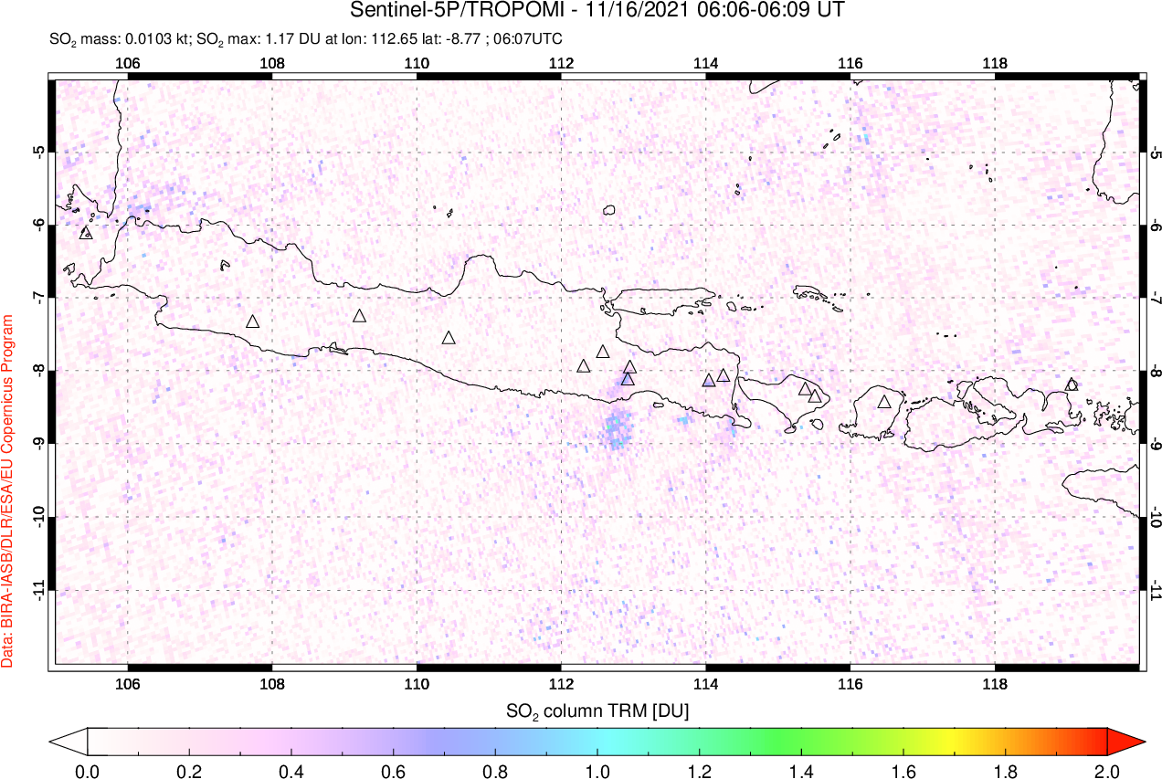 A sulfur dioxide image over Java, Indonesia on Nov 16, 2021.