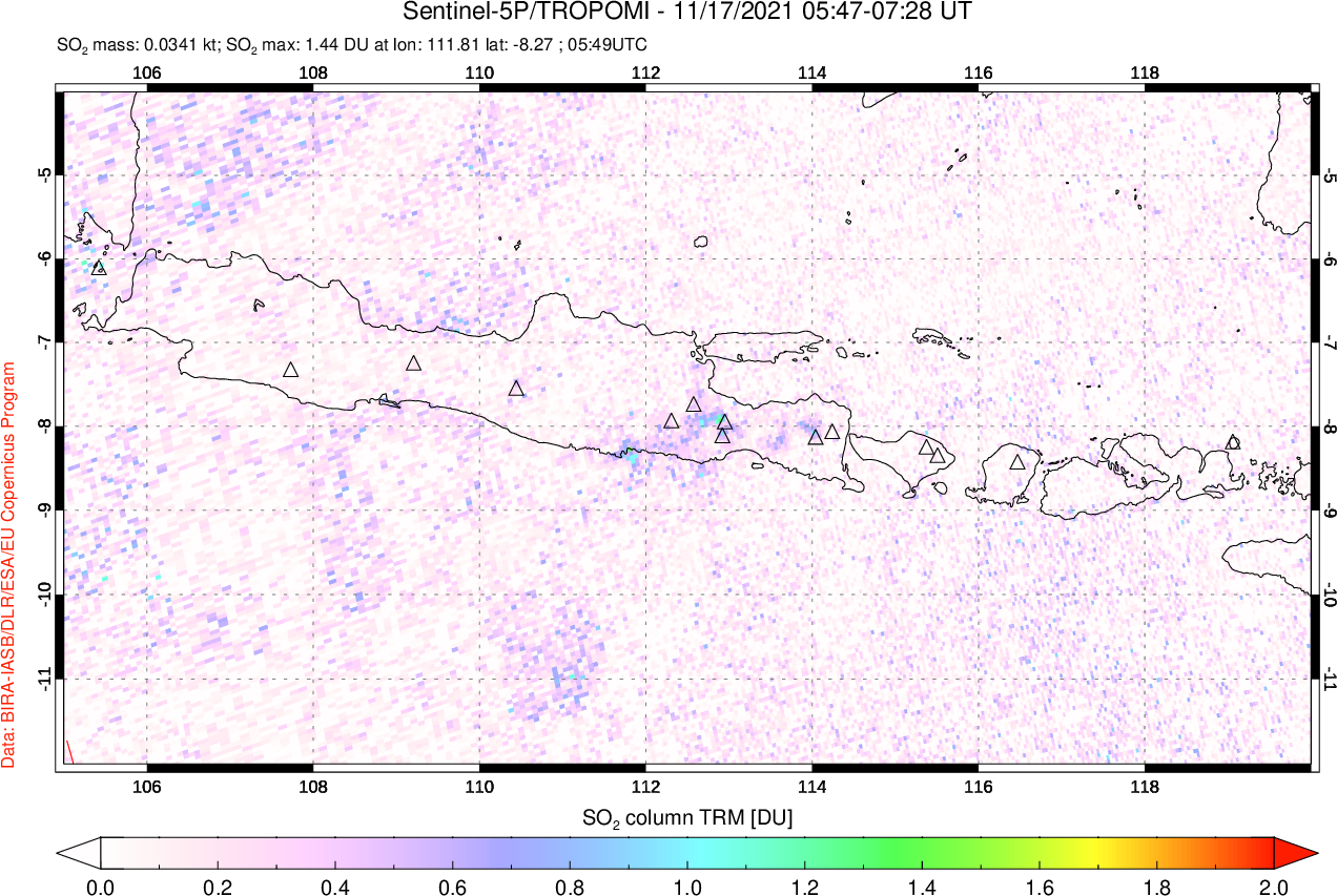 A sulfur dioxide image over Java, Indonesia on Nov 17, 2021.