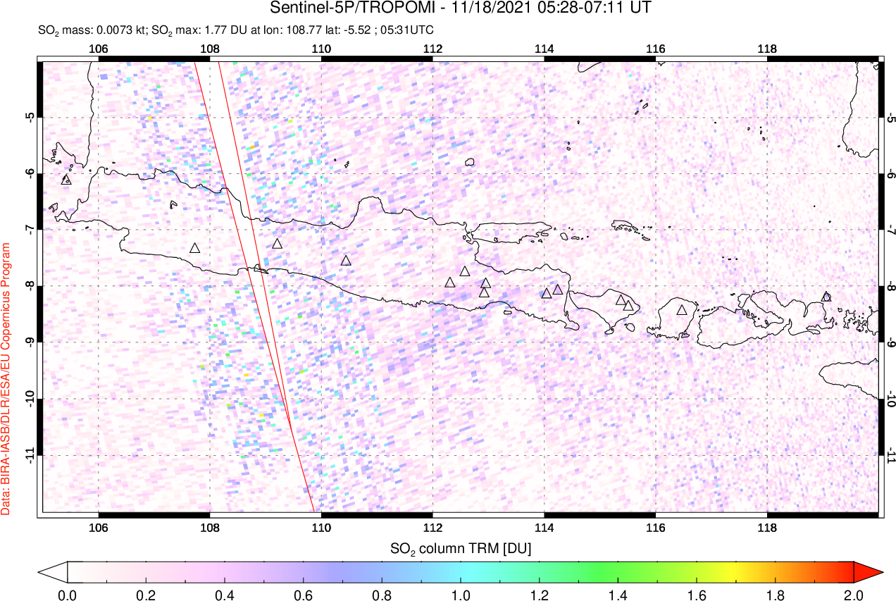 A sulfur dioxide image over Java, Indonesia on Nov 18, 2021.