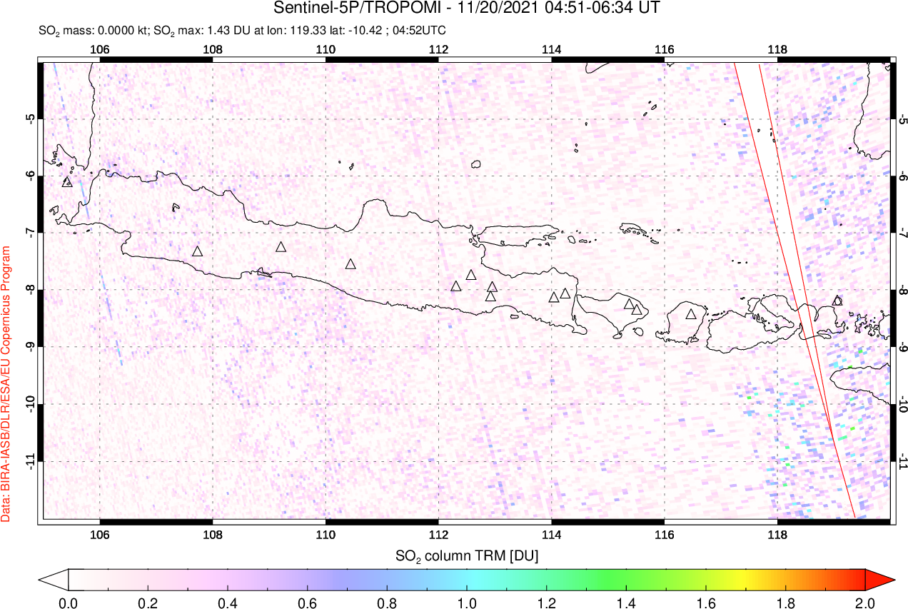 A sulfur dioxide image over Java, Indonesia on Nov 20, 2021.