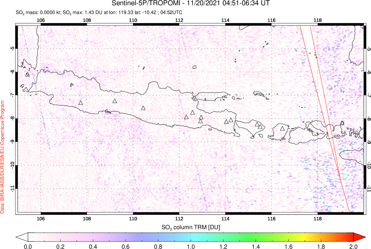 A sulfur dioxide image over Java, Indonesia on Nov 20, 2021.