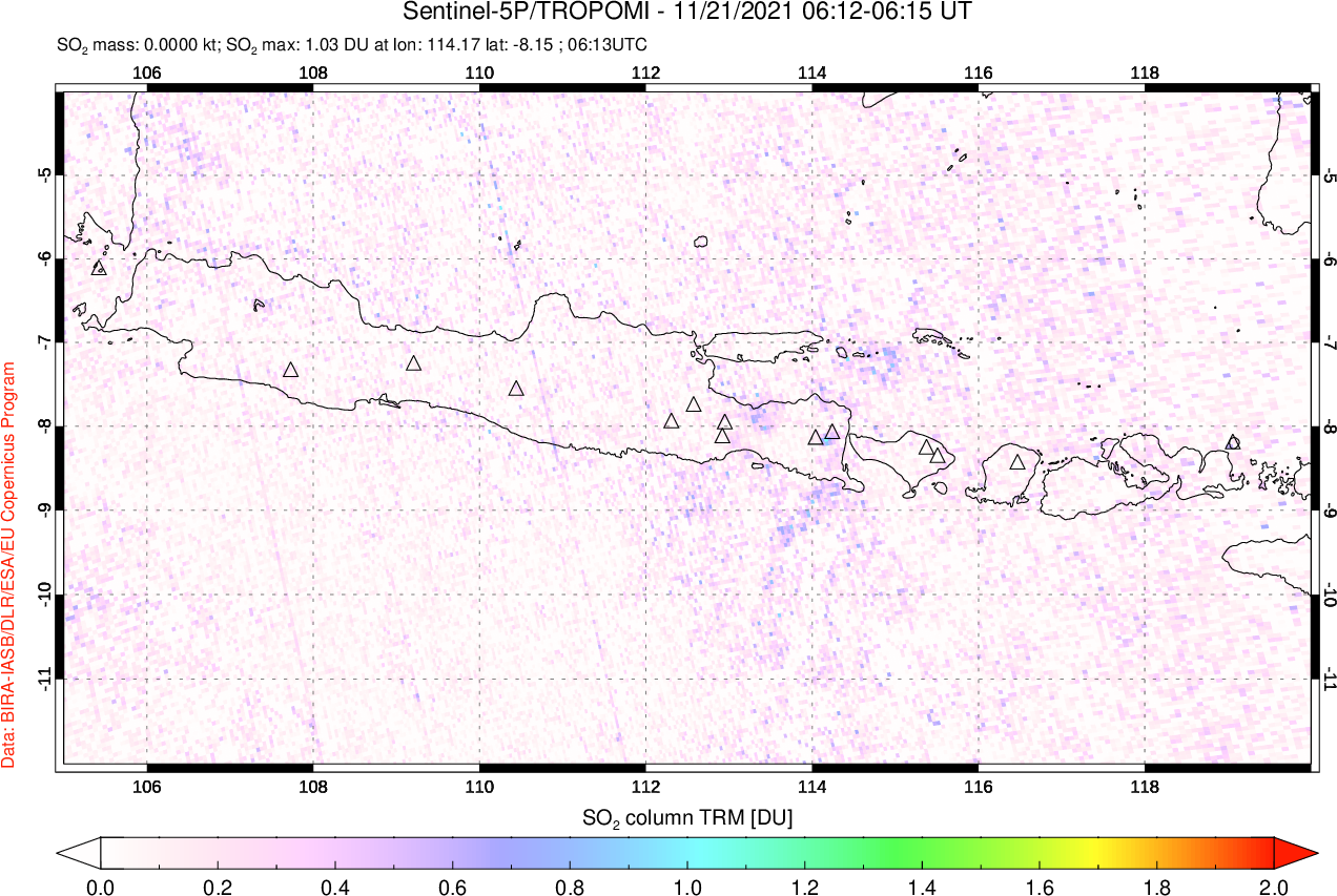 A sulfur dioxide image over Java, Indonesia on Nov 21, 2021.