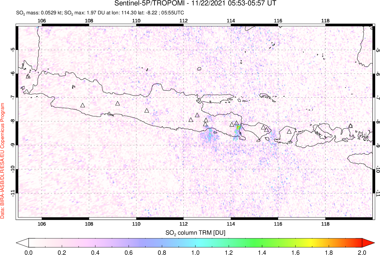 A sulfur dioxide image over Java, Indonesia on Nov 22, 2021.