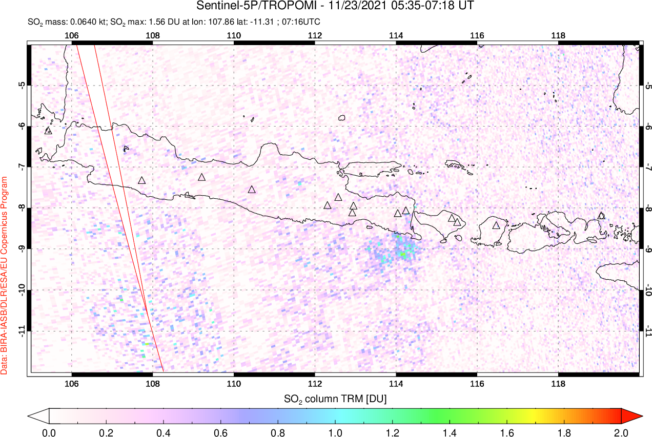 A sulfur dioxide image over Java, Indonesia on Nov 23, 2021.