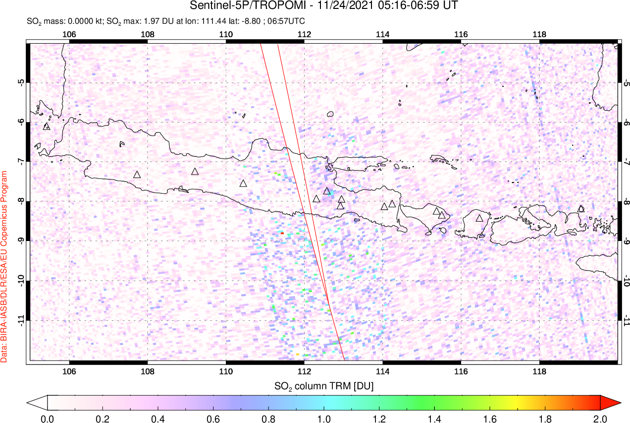 A sulfur dioxide image over Java, Indonesia on Nov 24, 2021.