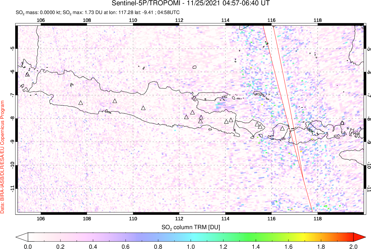 A sulfur dioxide image over Java, Indonesia on Nov 25, 2021.