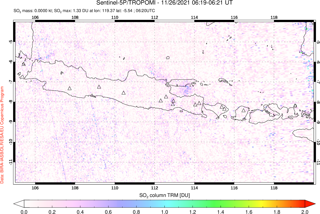 A sulfur dioxide image over Java, Indonesia on Nov 26, 2021.