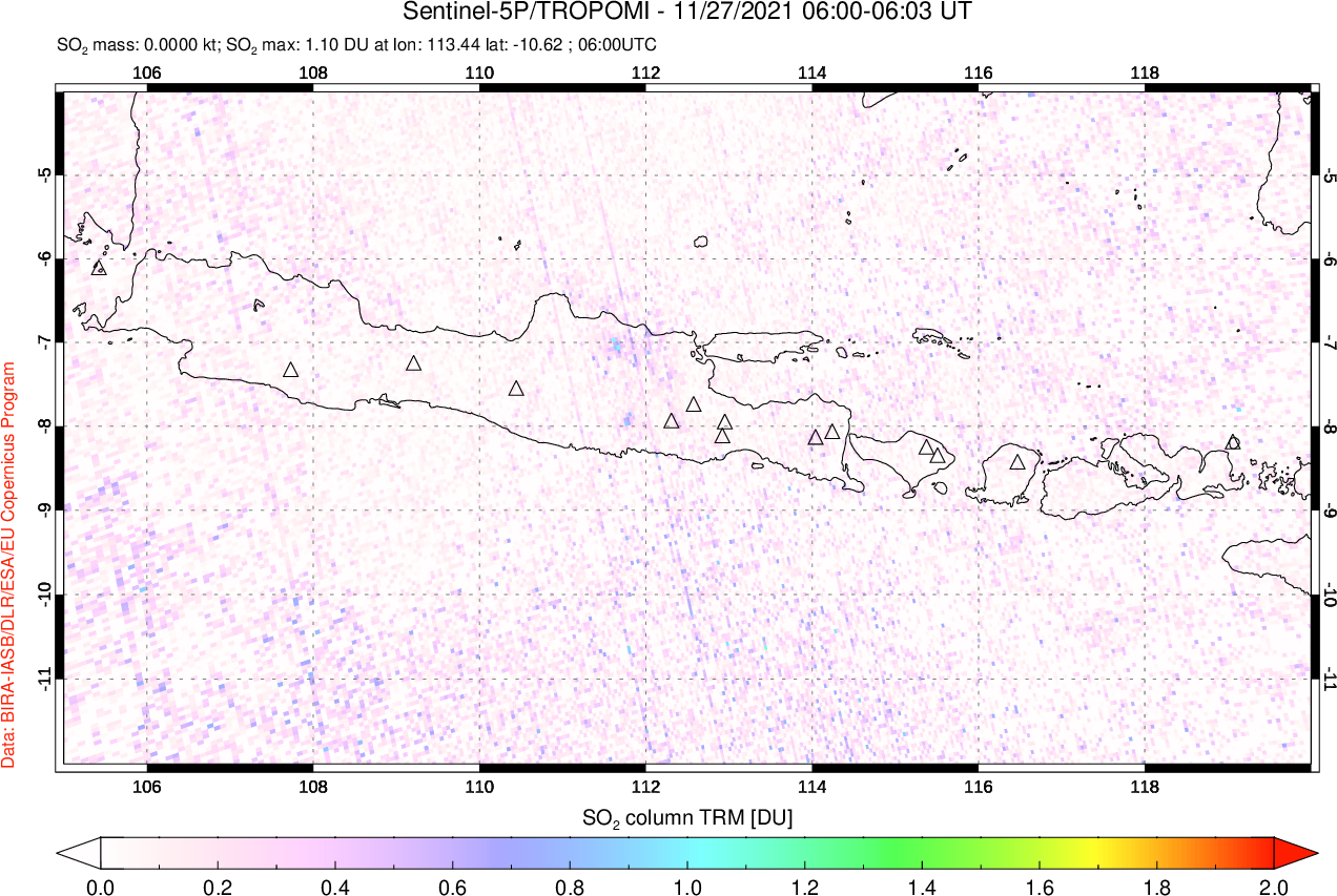 A sulfur dioxide image over Java, Indonesia on Nov 27, 2021.