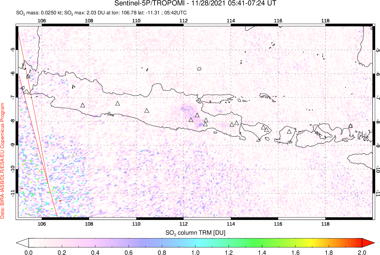 A sulfur dioxide image over Java, Indonesia on Nov 28, 2021.