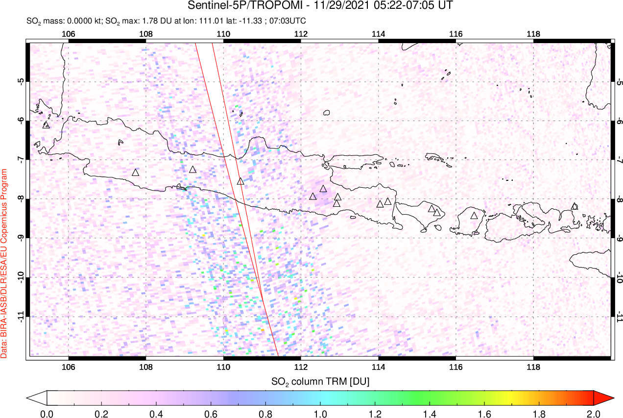 A sulfur dioxide image over Java, Indonesia on Nov 29, 2021.