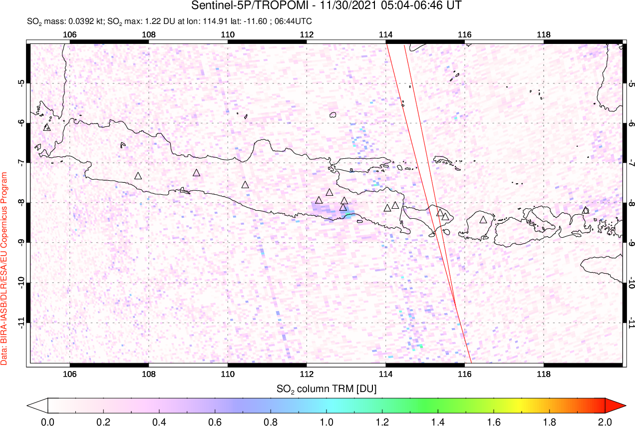 A sulfur dioxide image over Java, Indonesia on Nov 30, 2021.