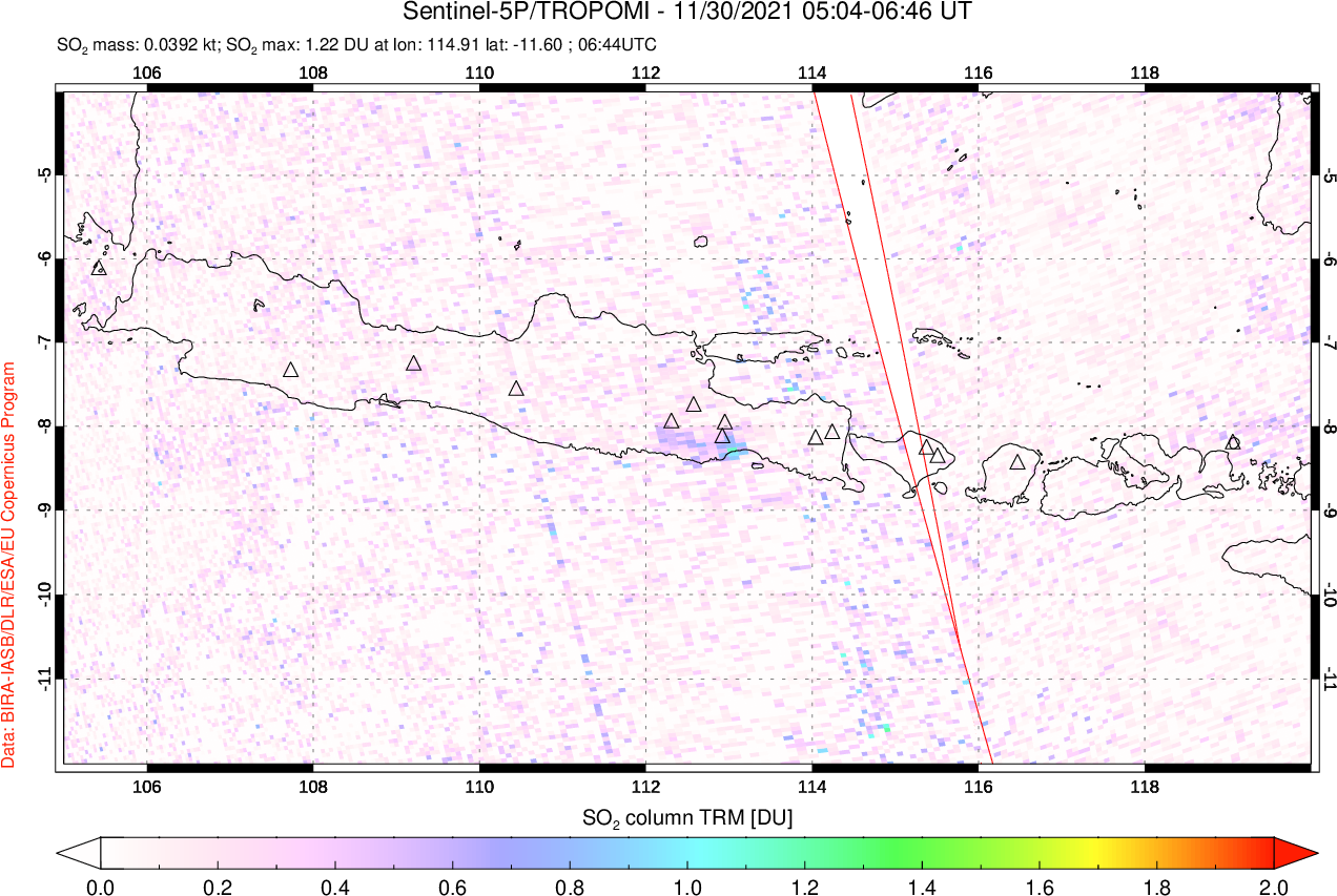 A sulfur dioxide image over Java, Indonesia on Nov 30, 2021.