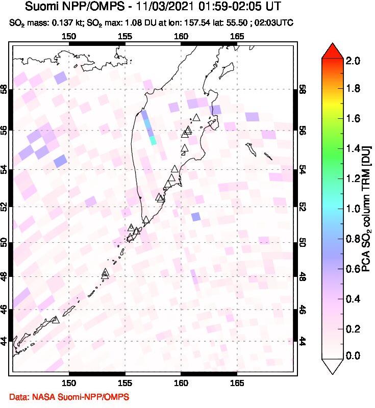 A sulfur dioxide image over Kamchatka, Russian Federation on Nov 03, 2021.