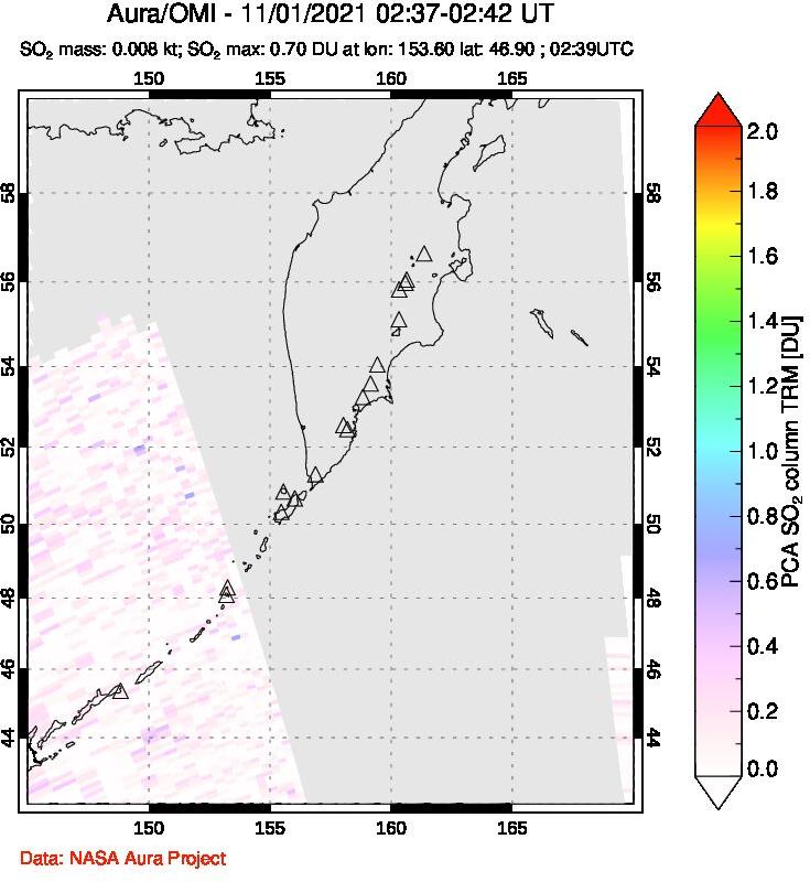 A sulfur dioxide image over Kamchatka, Russian Federation on Nov 01, 2021.