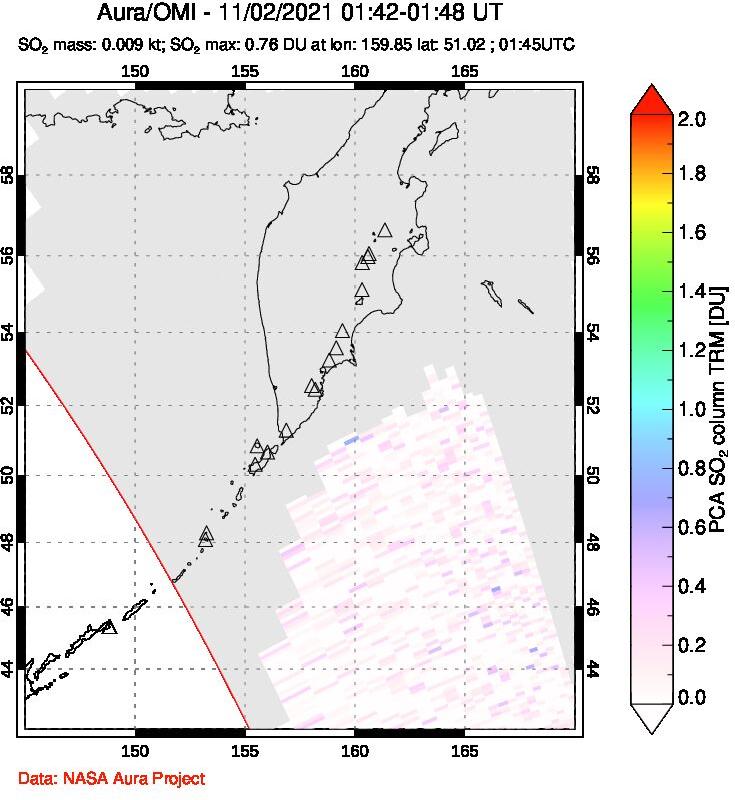 A sulfur dioxide image over Kamchatka, Russian Federation on Nov 02, 2021.