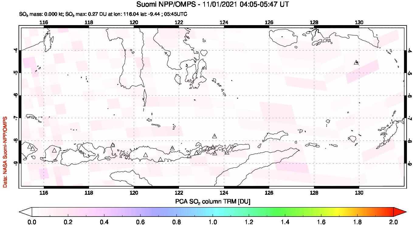 A sulfur dioxide image over Lesser Sunda Islands, Indonesia on Nov 01, 2021.