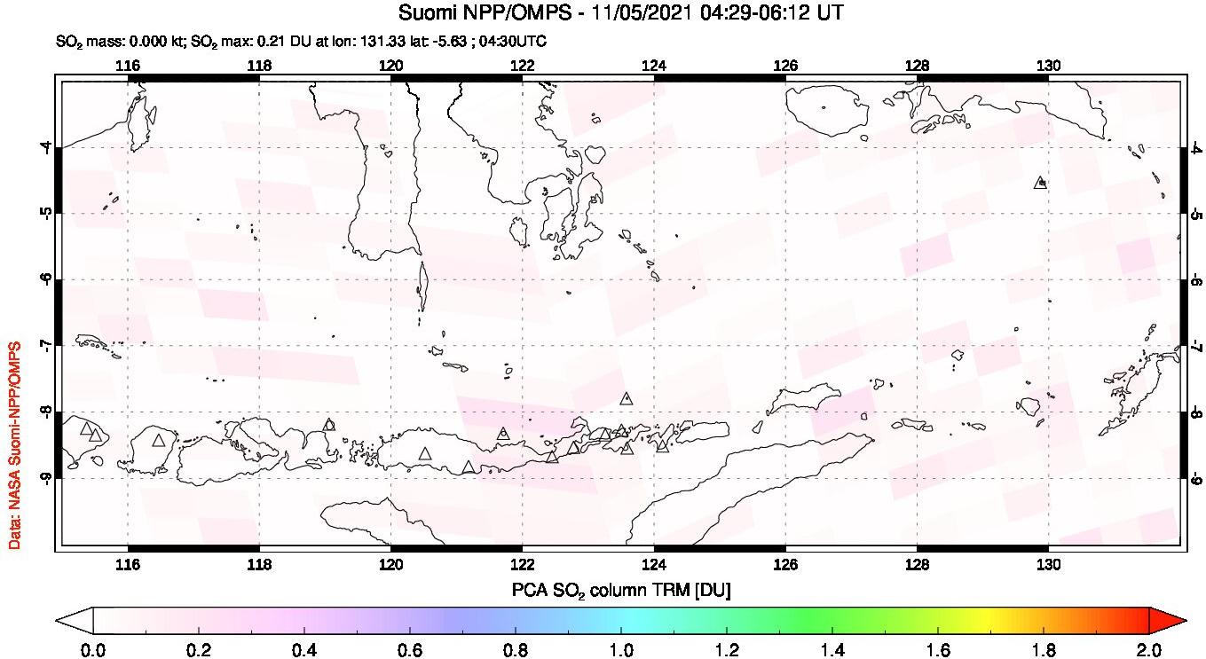 A sulfur dioxide image over Lesser Sunda Islands, Indonesia on Nov 05, 2021.