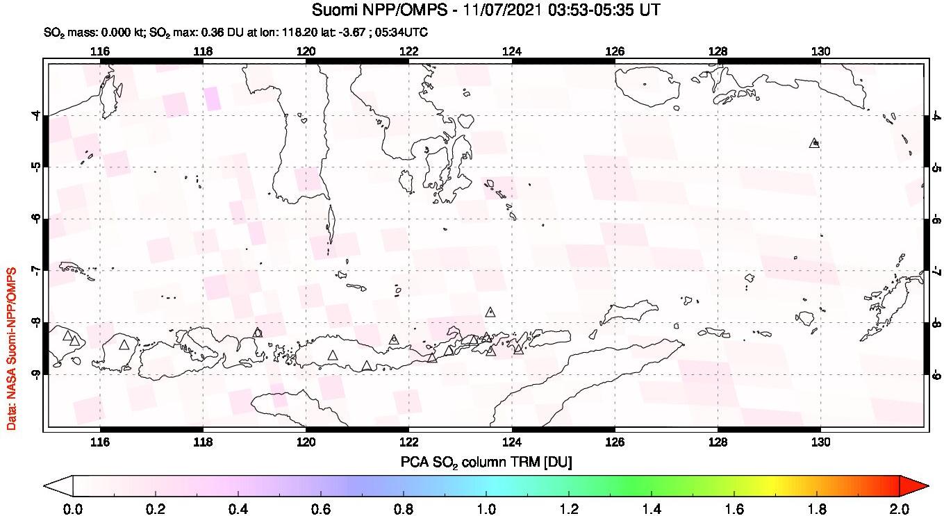 A sulfur dioxide image over Lesser Sunda Islands, Indonesia on Nov 07, 2021.