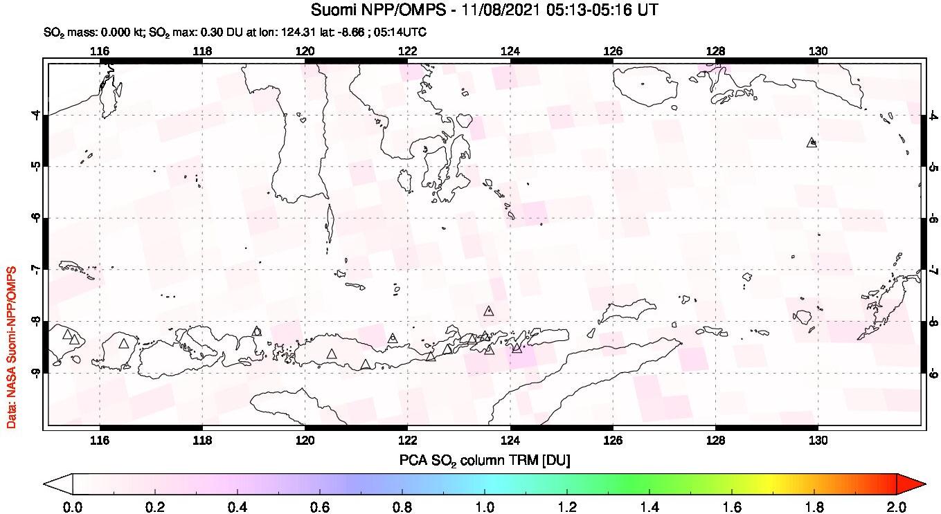 A sulfur dioxide image over Lesser Sunda Islands, Indonesia on Nov 08, 2021.