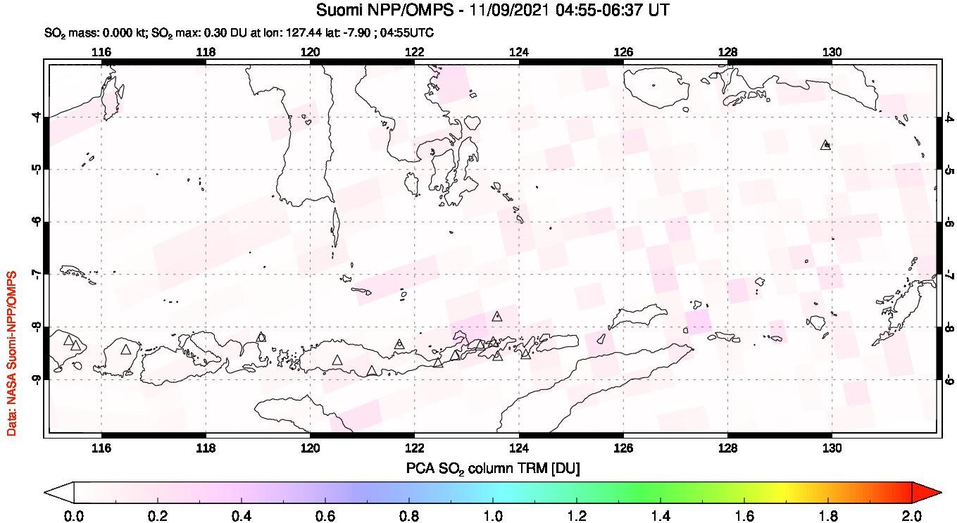 A sulfur dioxide image over Lesser Sunda Islands, Indonesia on Nov 09, 2021.
